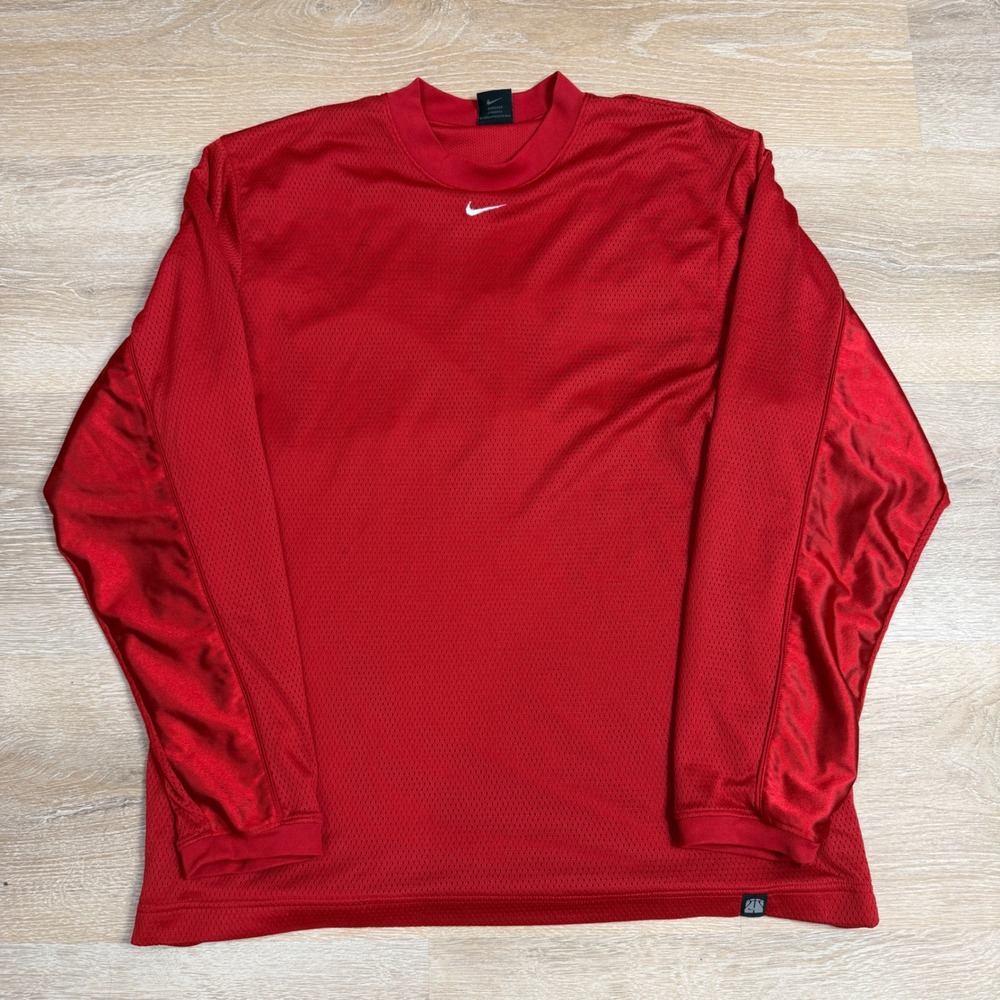 Vintage Nike Mens Red Mesh Long Sleeve Training Shirt Size M Centered Swoosh